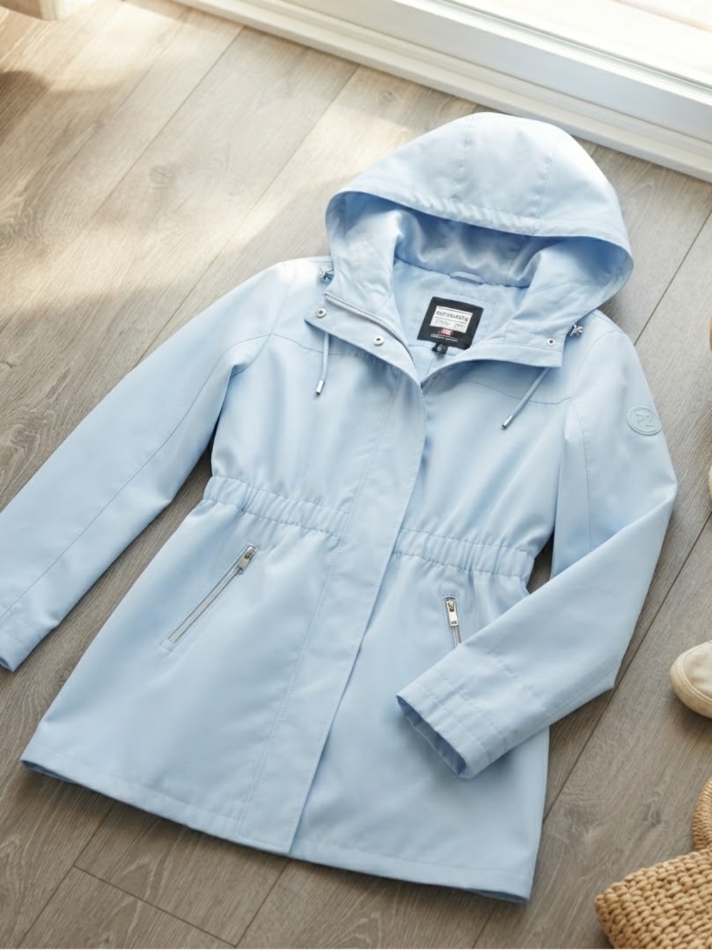 Point Zero Women's Light Blue Hooded Utility Rain Jacket Size S